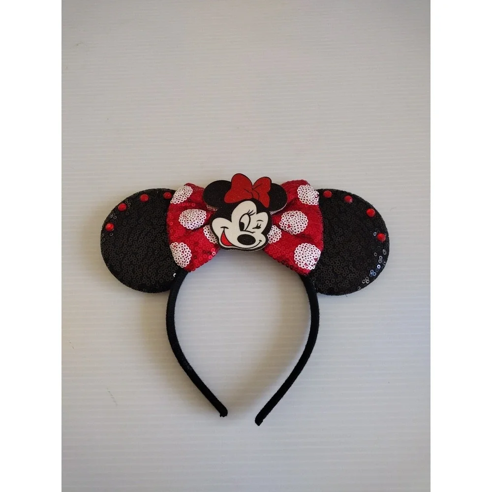 Minnie Mouse Inspired Sequins Headband Kids Red Black Studs Bow Ears Polka Dot‎